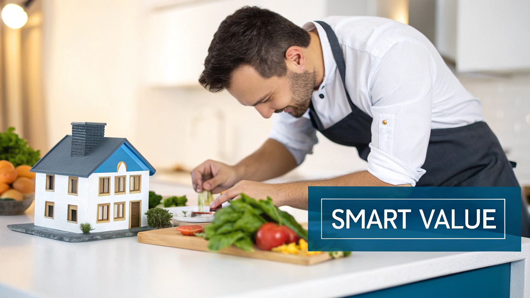 A man in a kitchen preparing vegetables next to a model house with 'SMART VALUE' text.