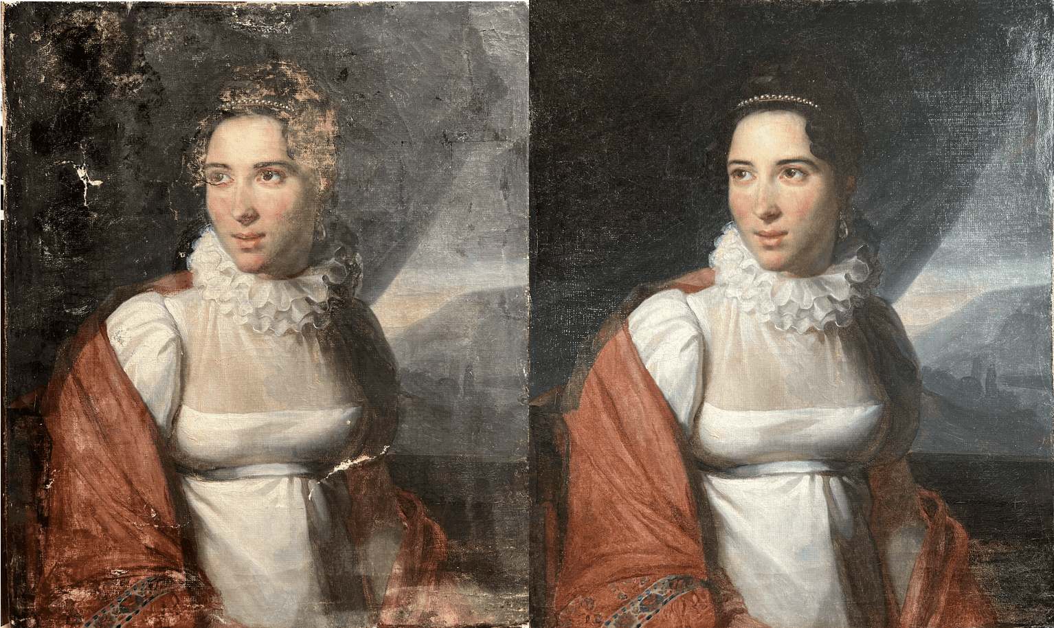 two people looking at a tablet and smiling