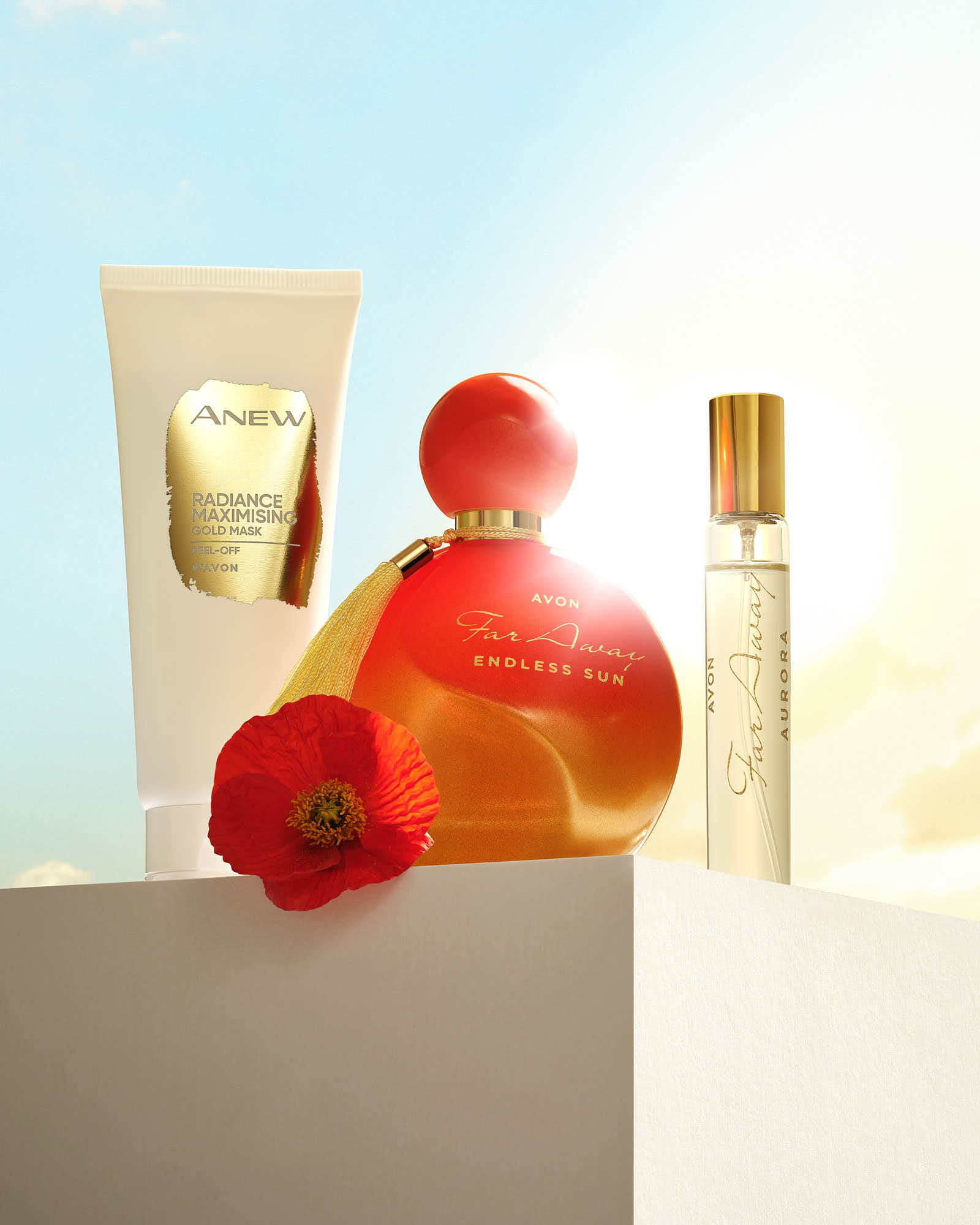 A selection of skincare products, including a cream and two colorful bottles, arranged on a bright surface.