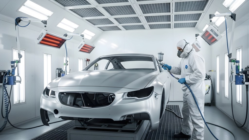 Man painting car in modern paint booth