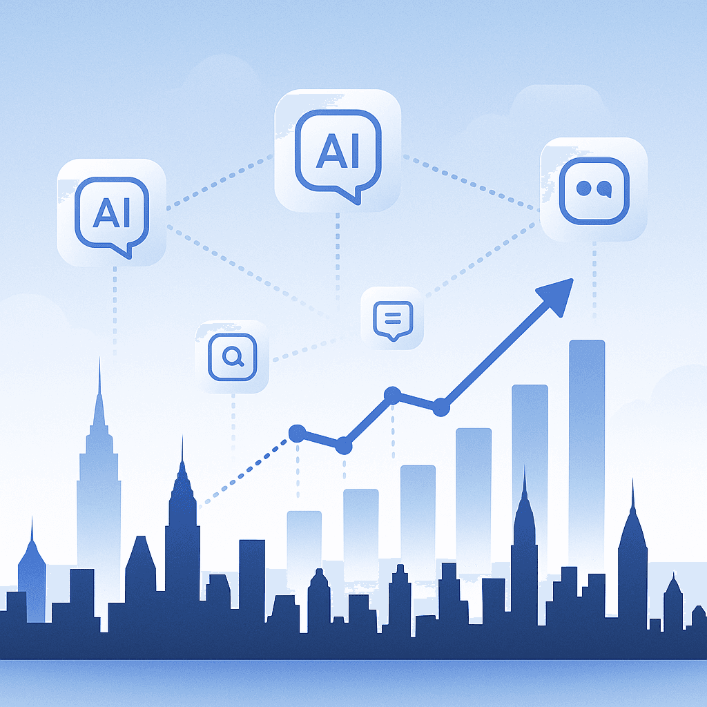 Illustration of NYC skyline with AI icons connected to rising graphs indicating growth in AI-driven search metrics.