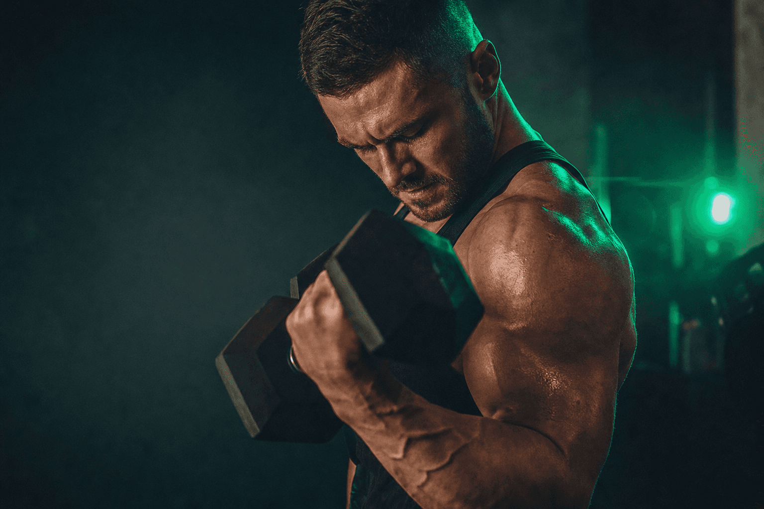Focused lifter performing one high-quality curl with full muscle contraction, illustrating quality over quantity