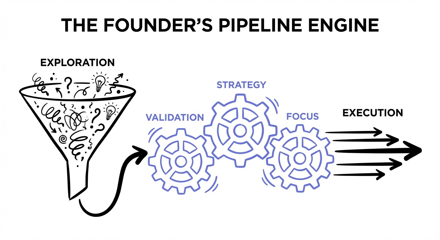 A hand-drawn flowchart titled 'The Founder’s Pipeline Engine' showing the transition from messy exploration ideas into polished execution through a series of three gears.
