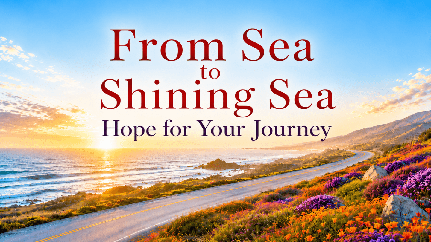 From Sea to Shining Sea: Hope for Your Journey title over a colorful coastal road at sunset.
