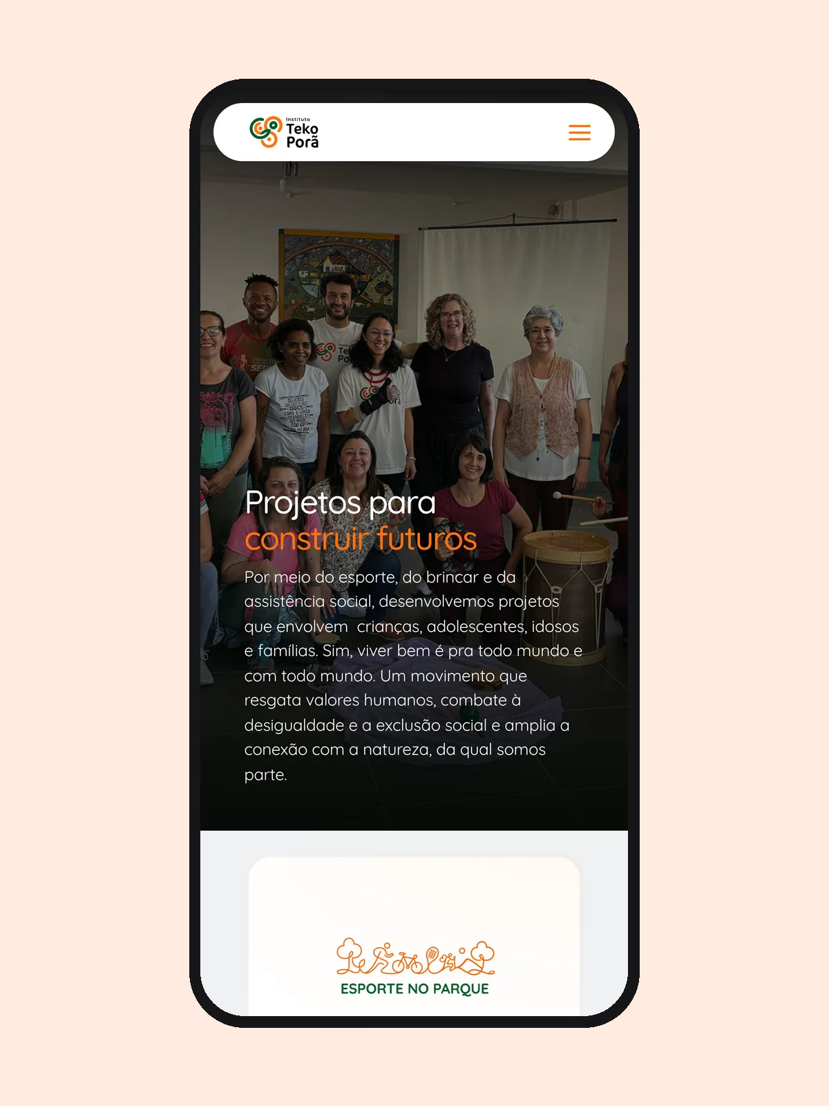 Página de projetos do site do Instituto Teko Porã no celular
