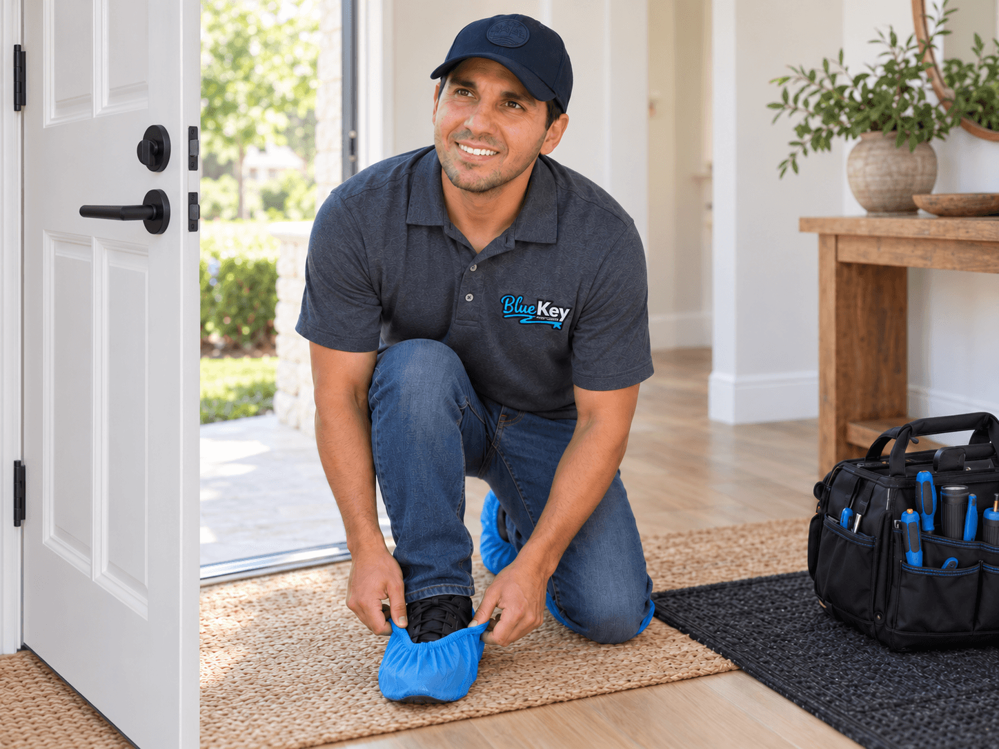 Blue Key locksmith putting on shoe covers before entering a customer’s home.