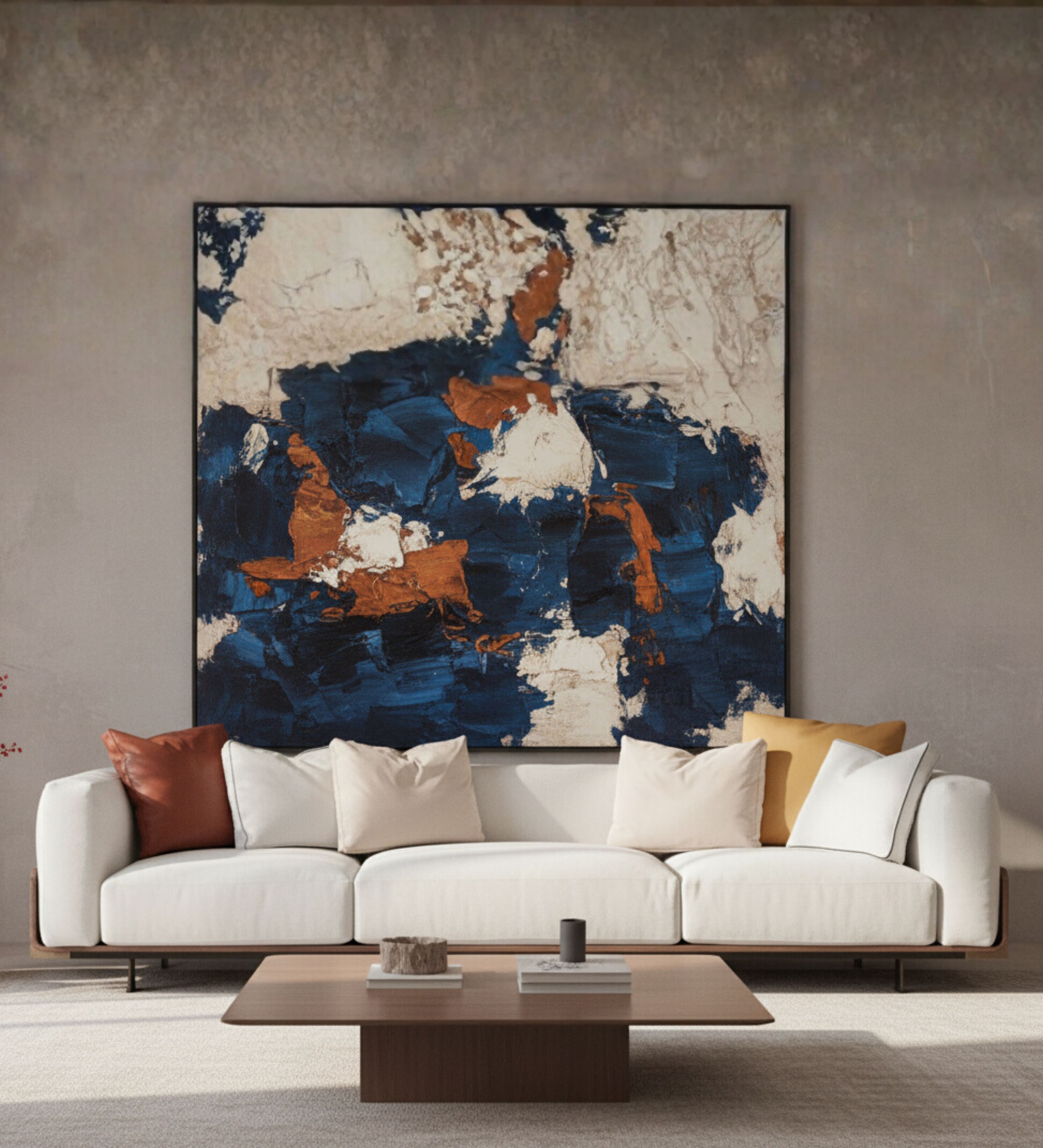 Extended off-white upholstered seating with loose scatter cushions and continuous metal base