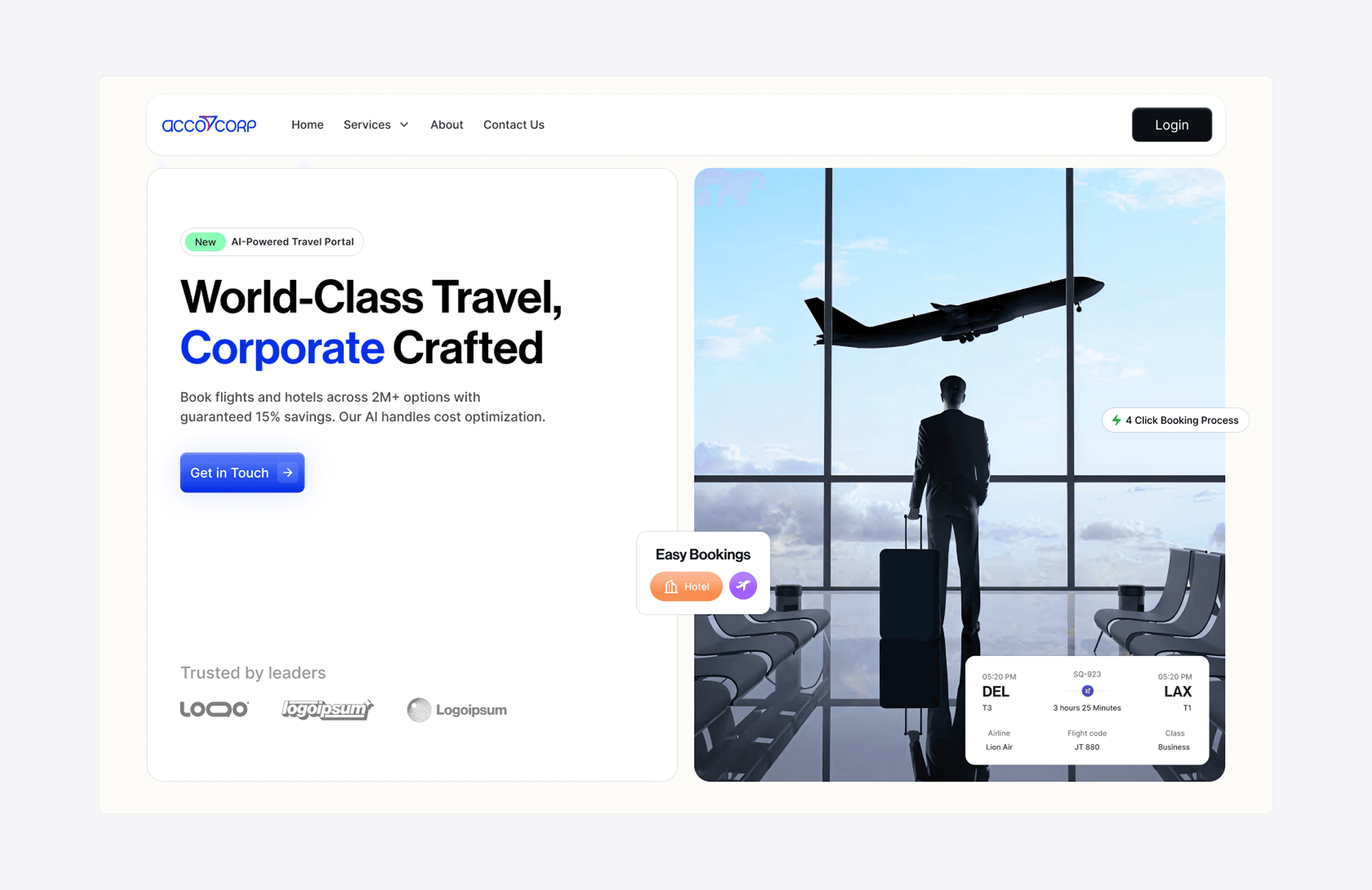 A business traveler with a suitcase gazes out a large airport window as a plane takes off, symbolizing seamless corporate travel and easy bookings, with an adjacent web interface highlighting travel services and contact options.