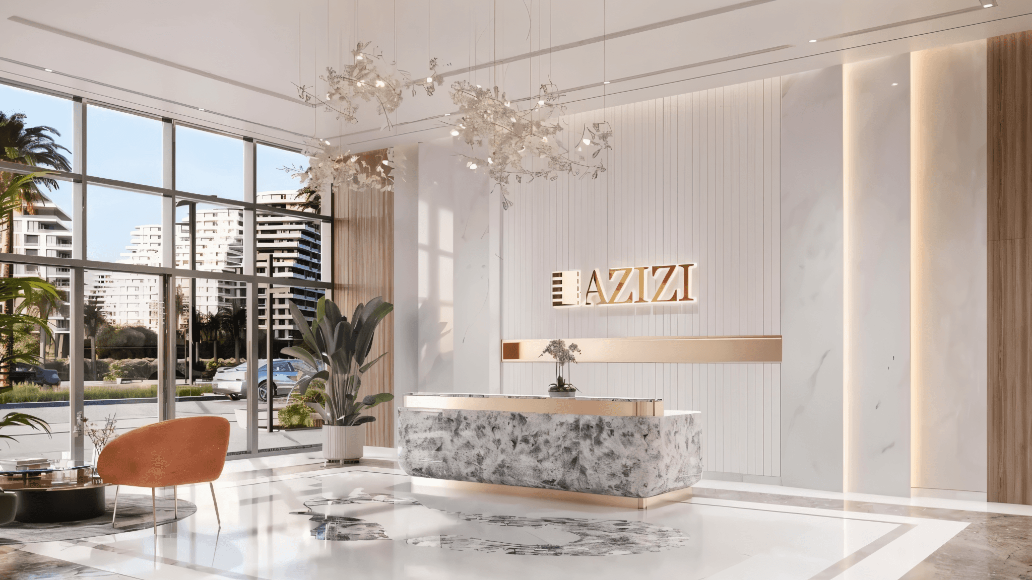 A modern living room featuring a large gold sculpture by Azizi Wares, showcasing contemporary design and elegance.