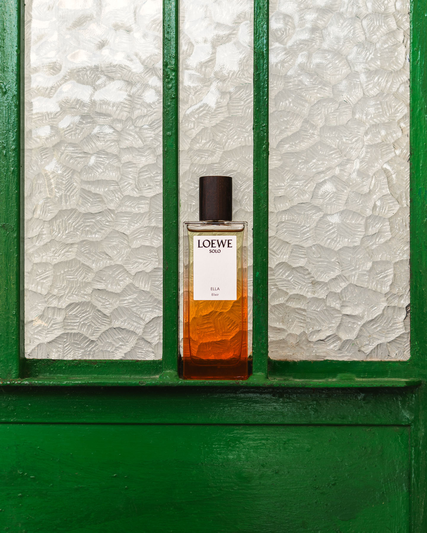 LOEWE Botanical Rainbow fragrance displayed in a green-framed window opening.