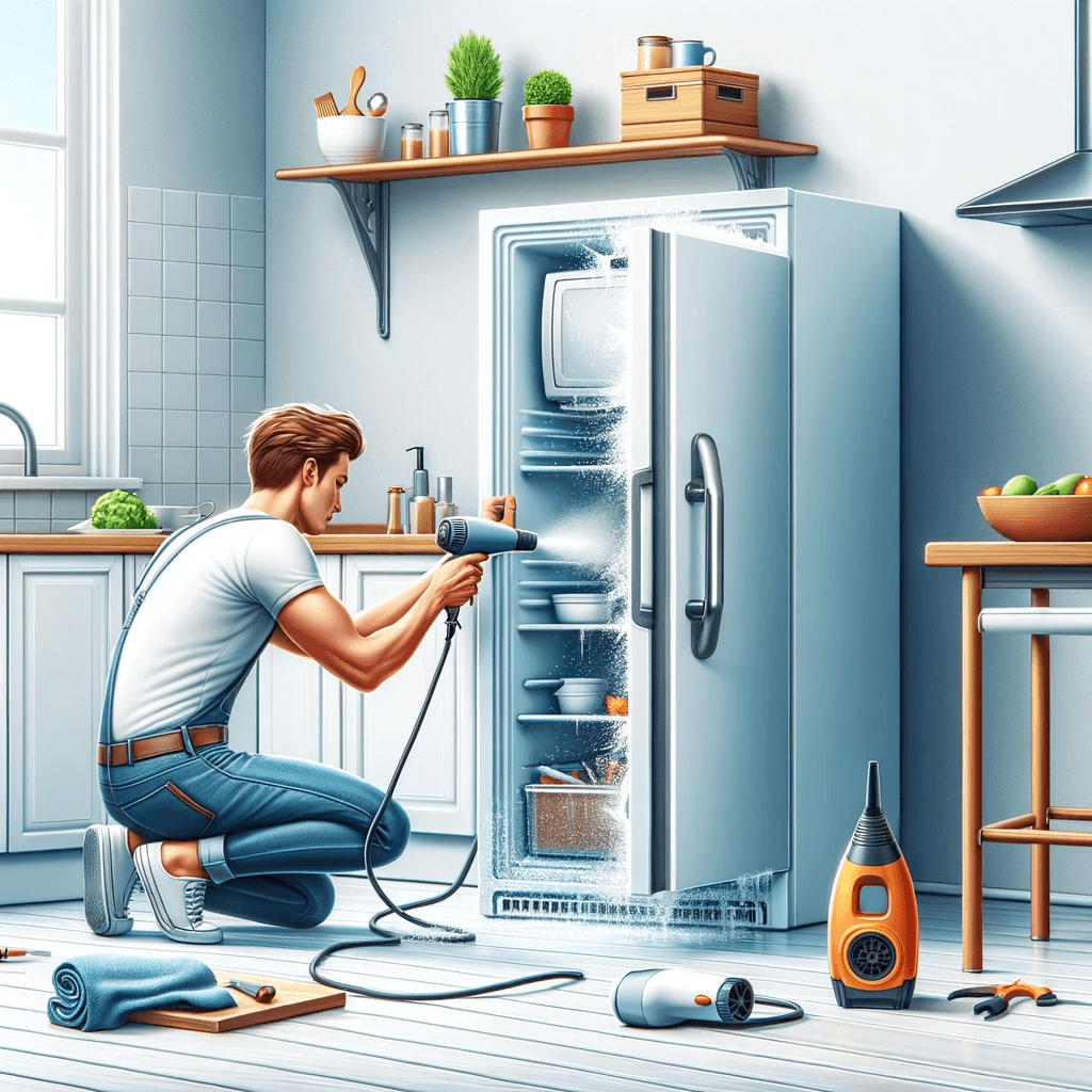 DIY freezer door seal repair in home kitchen, showing a person fixing the gasket on a freezer door with a towel and hairdryer, emphasizing practical maintenance.