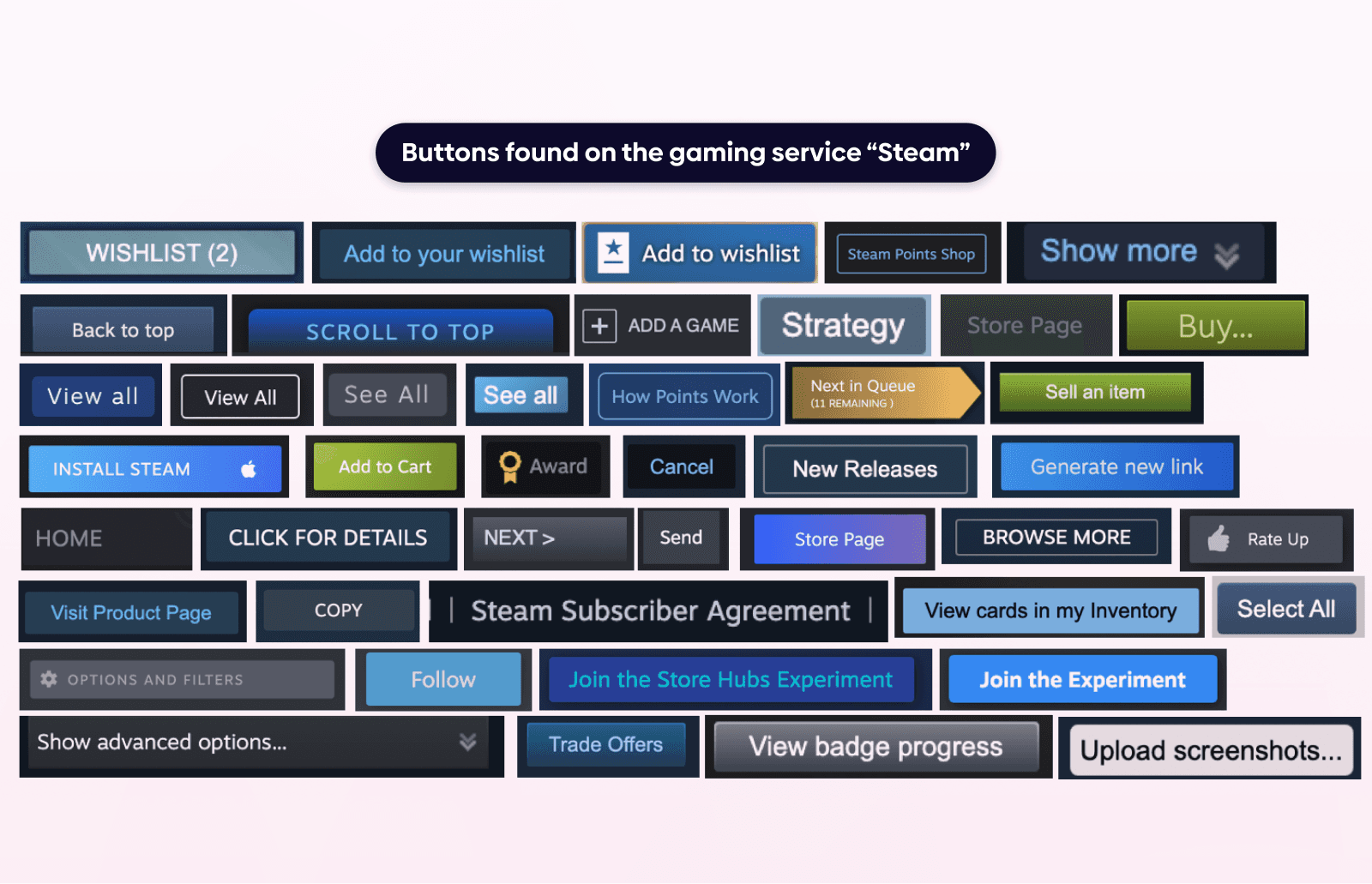 Example showing how Steam uses a lot of different buttons instead using consistent buttons.
