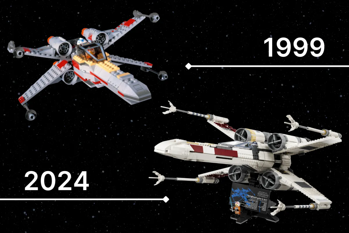 Comparison of two LEGO Star Wars X-Wing Starfighter sets, with the 1999 version at the top and the more detailed 2024 version at the bottom.