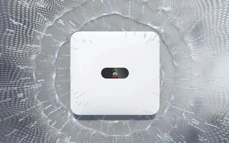 Ein quadratisches weißes Gerät mit einem kleinen rechteckigen Display, positioniert auf einer strukturierten grauen Oberfläche.