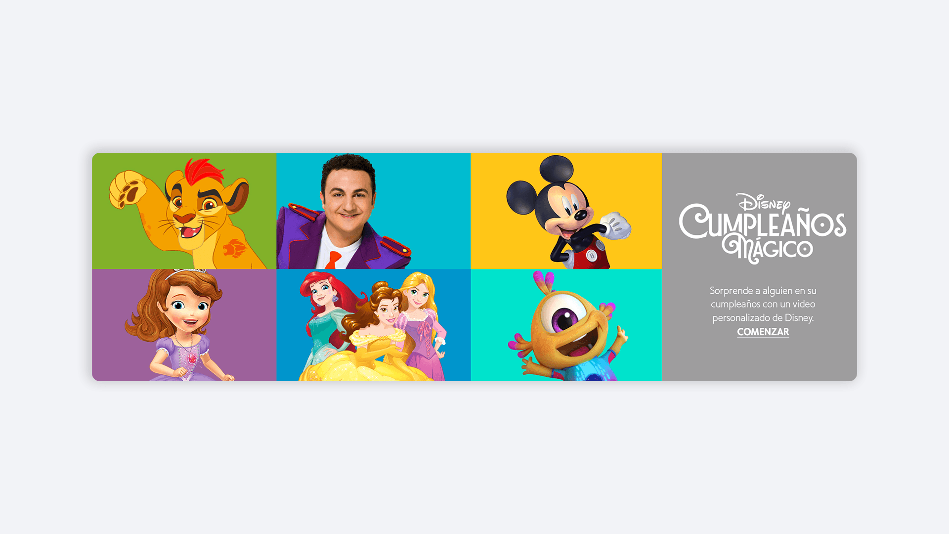 Banner de "Cumpleaños Mágico" de Disney con personajes icónicos y princesas sobre fondos coloridos y dinámicos.