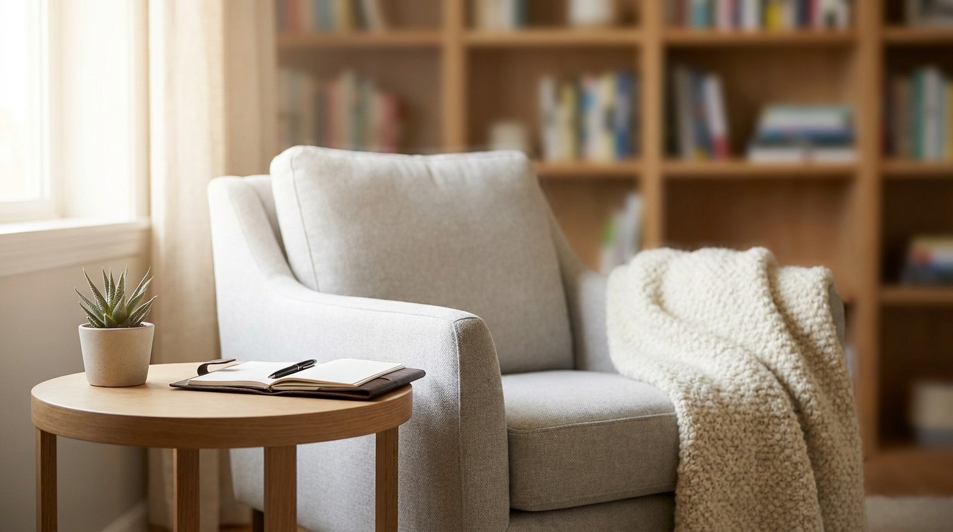 Cozy and professional consulting room setup with an inviting armchair, open journal, and pen, representing a safe space for counseling.