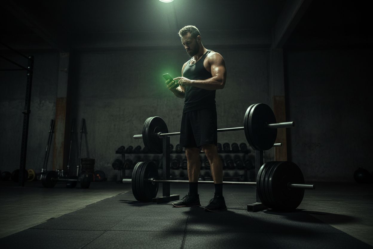 Person using a strength tracking app in the gym