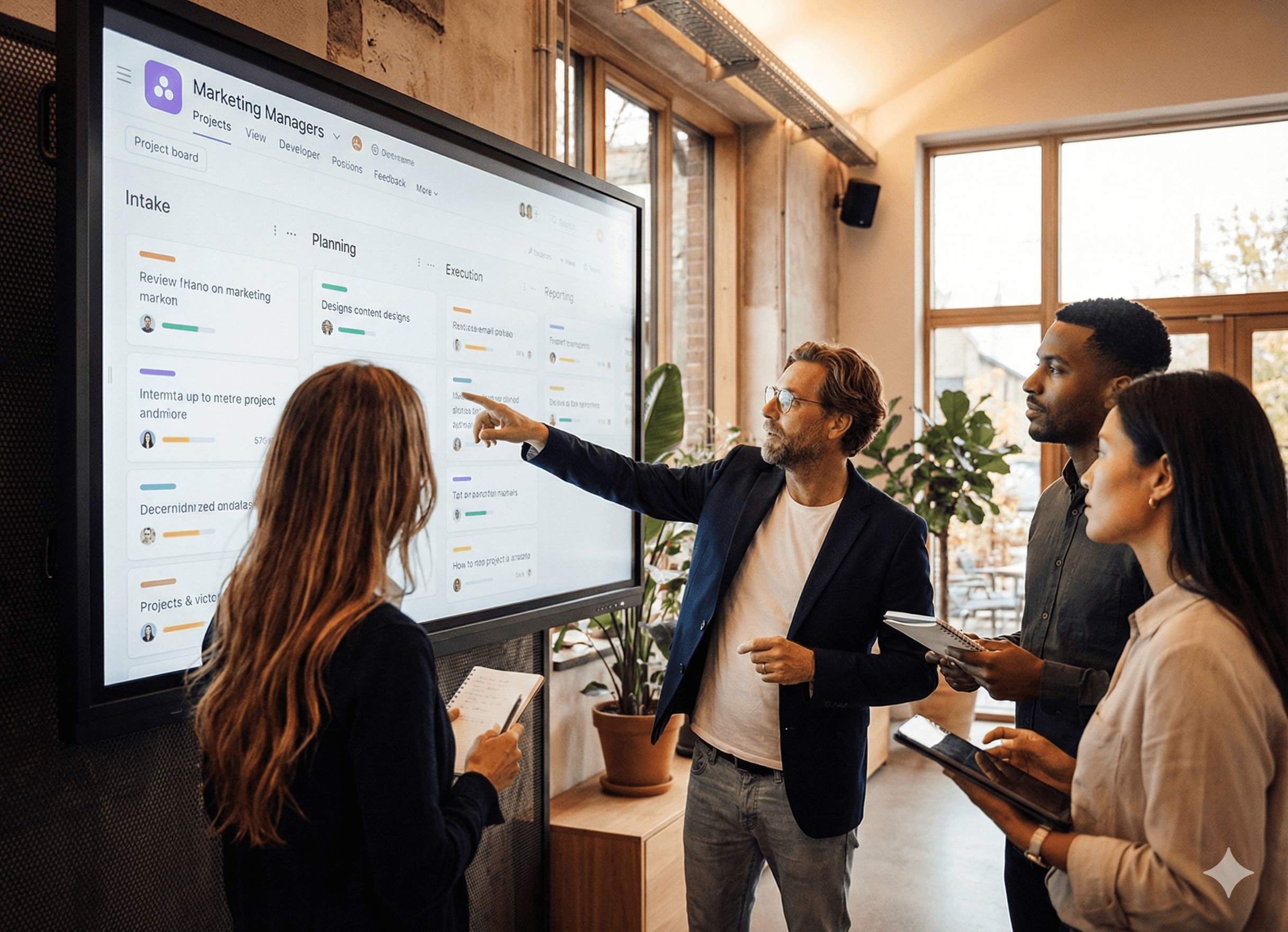 A group of professionals collaborates in a modern office, actively discussing and pointing at a large screen displaying a digital marketing management interface within Asana, surrounded by natural light from a large window.