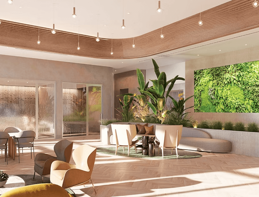 Interior office space at Midtown East Office Tower with modern furnishings and living wall landscaping