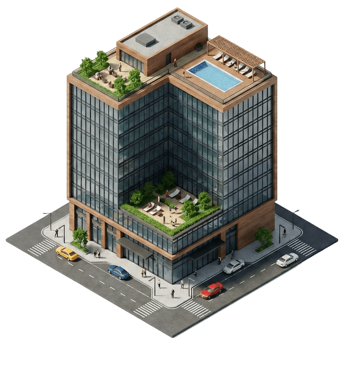 A modern, multi-story office building features glass facades, rooftop gardens, and a rooftop swimming pool with sun loungers on the terrace, located at a busy urban intersection with cars and pedestrians.