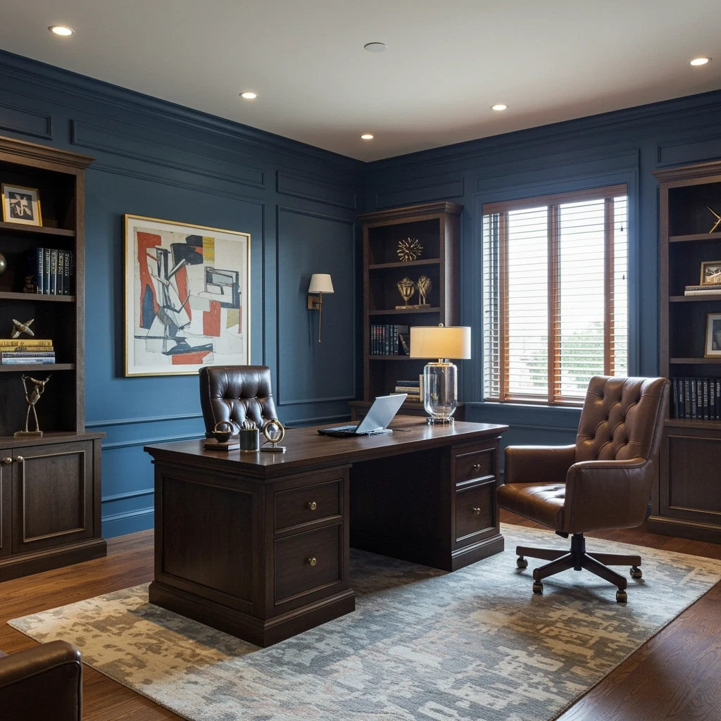 Professional executive office featuring slate blue walls, white trim, and elegant furnishings