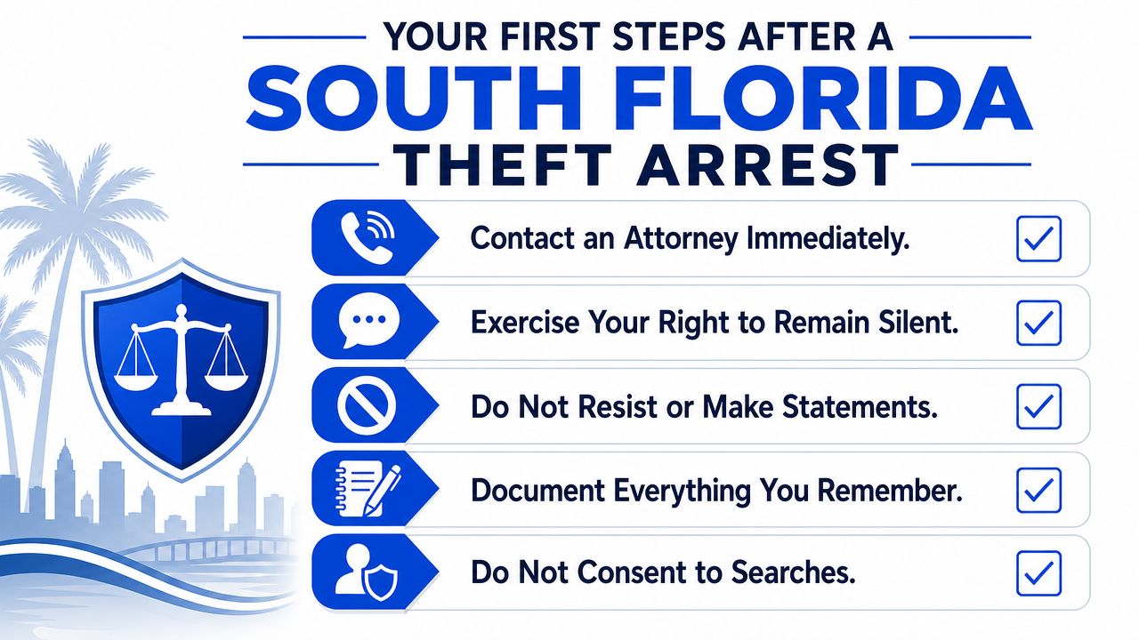 A legal guide infographic listing five essential steps to take following a theft arrest in South Florida.