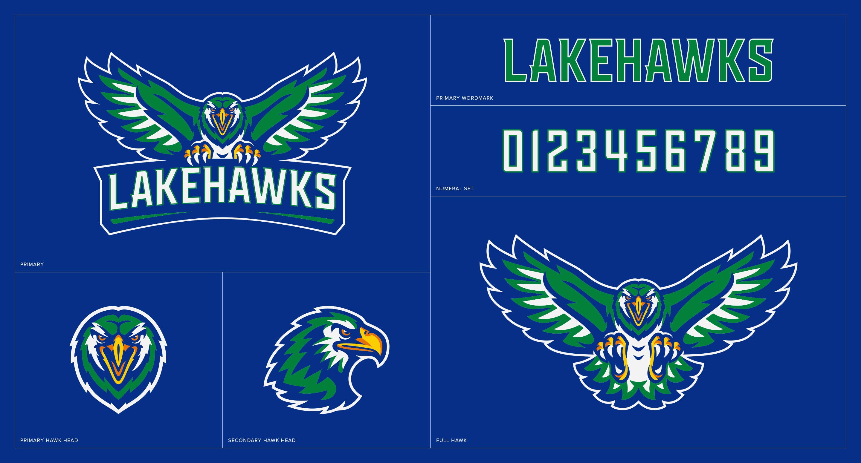 Lakehawks Athletics primary logo system + wordmark + numerals.