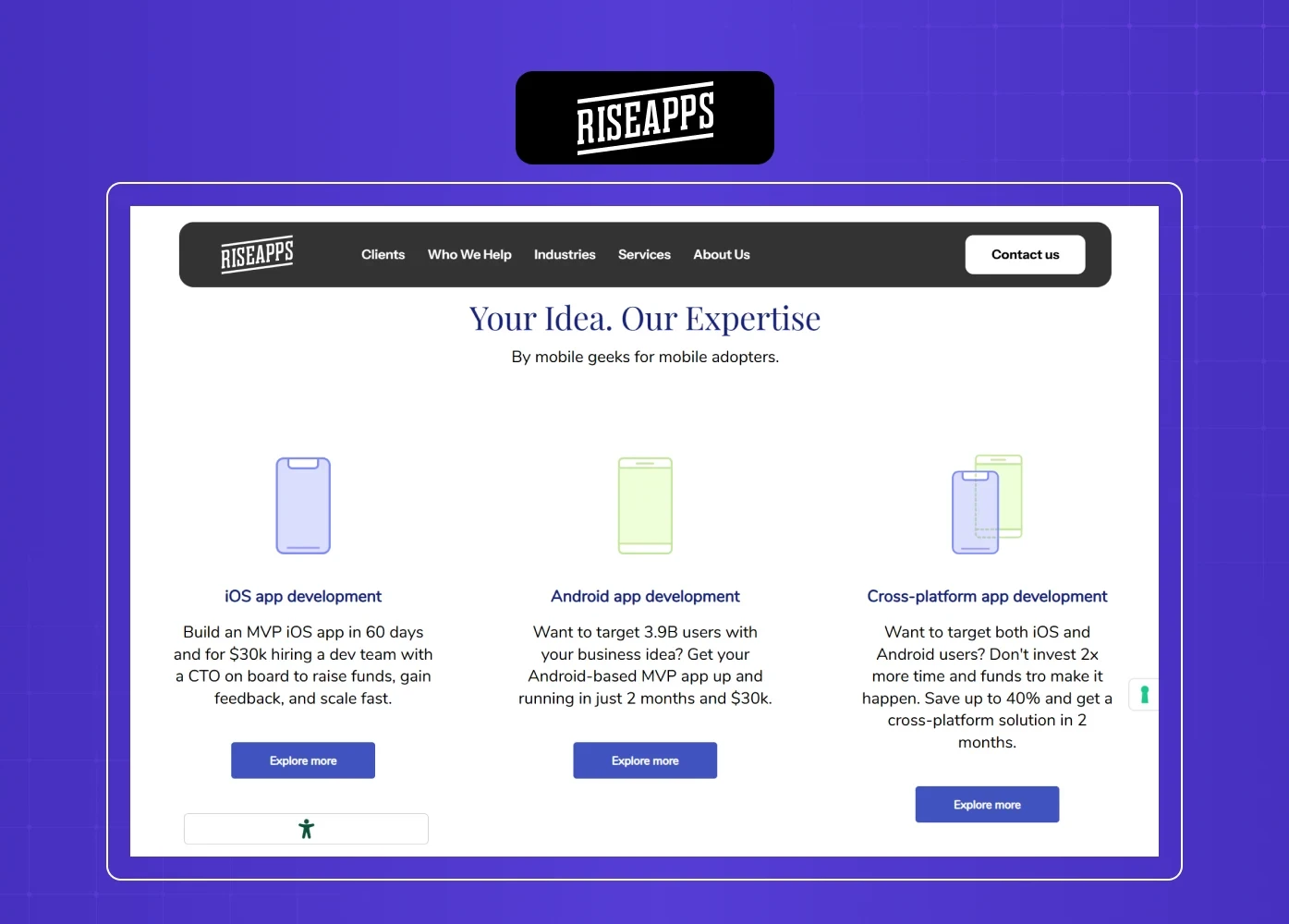 Riseapps service website showcasing mobile app development solutions for iOS, Android, and cross-platform apps.