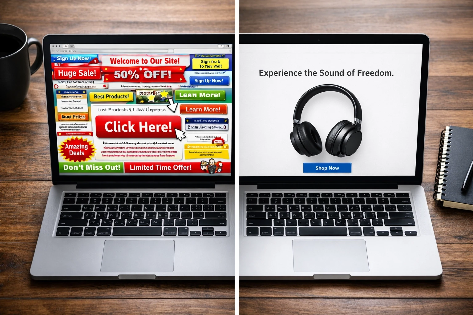 Comparison of cluttered versus clear website homepage designs showing impact on visitor clarity