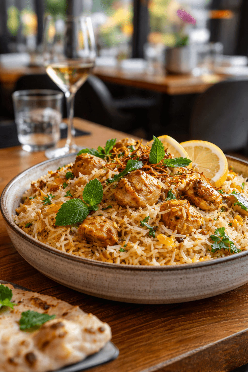 A beautifully plated dish featuring shrimp, colorful vegetables, and garnishes, set in a modern restaurant.