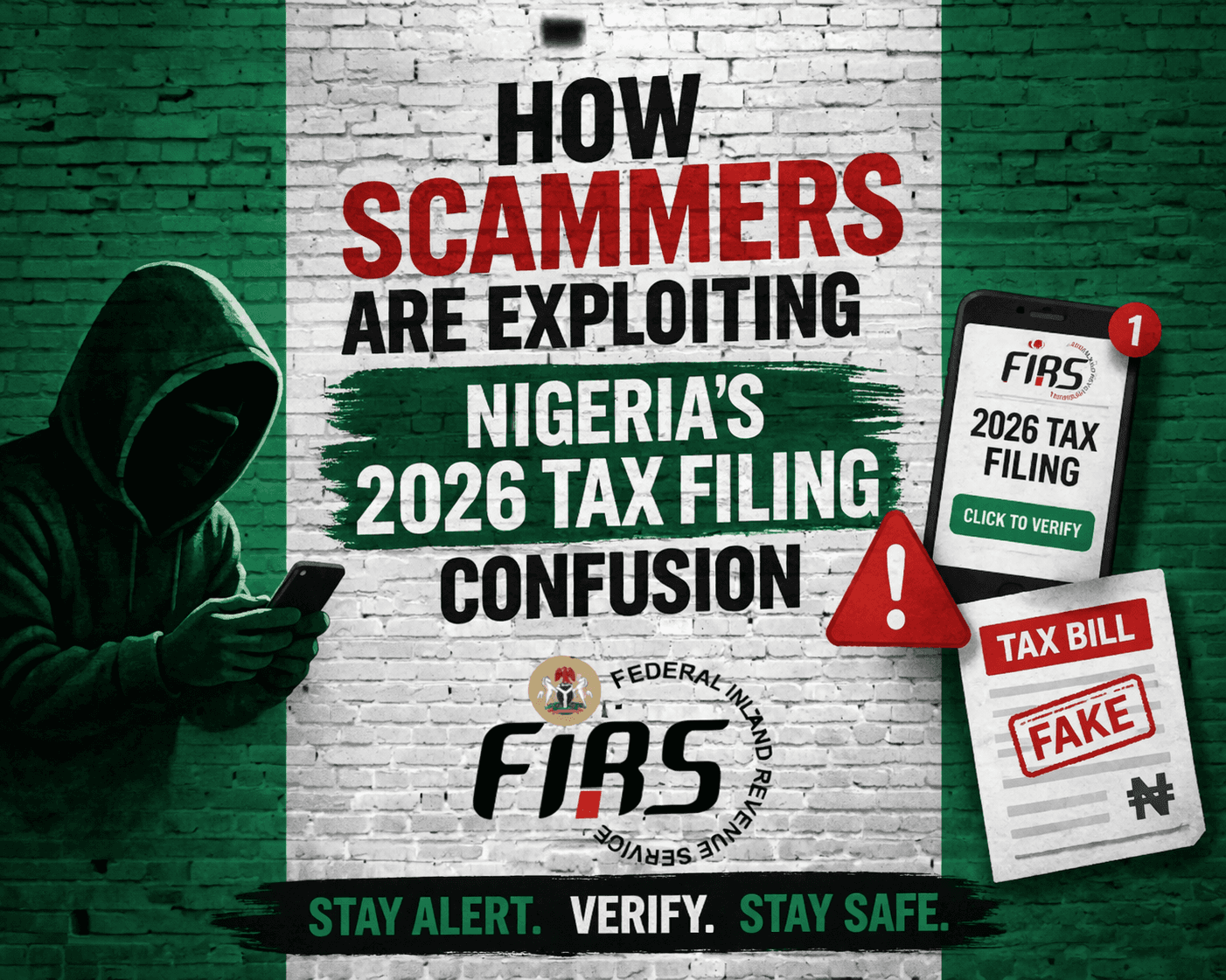Graphic showing Nigeria 2026 tax filing scam warning with FIRS reference, highlighting fraudulent tax messages and fake tax bill alerts targeting Nigerians