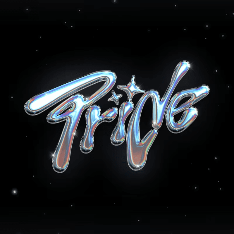 The image features the word "Pride" in a stylized, reflective font against a dark background.
