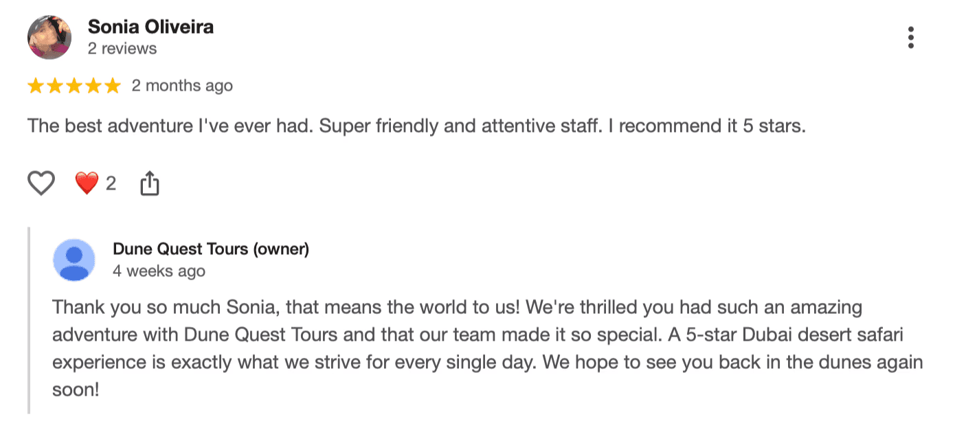 Sonia Oliveira 5-star Google review of Dune Quest Tours desert safari experience in Dubai