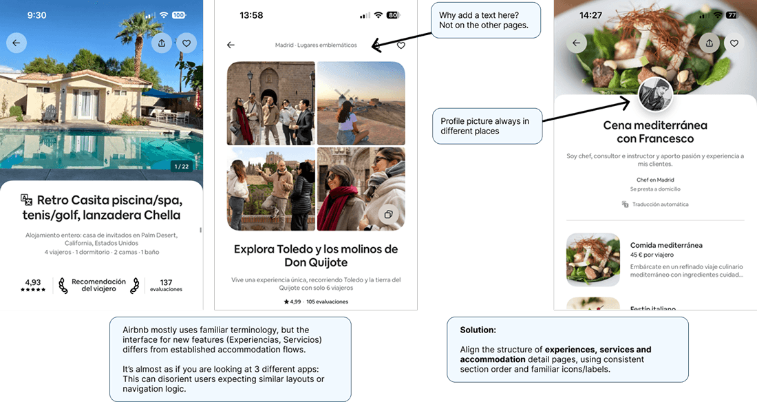 Side-by-side comparison of three Airbnb app detail screens for property, experience, and culinary service, each using different layouts and profile picture placements. Annotation bubbles highlight inconsistencies and suggest aligning detail page structures for better user experience.