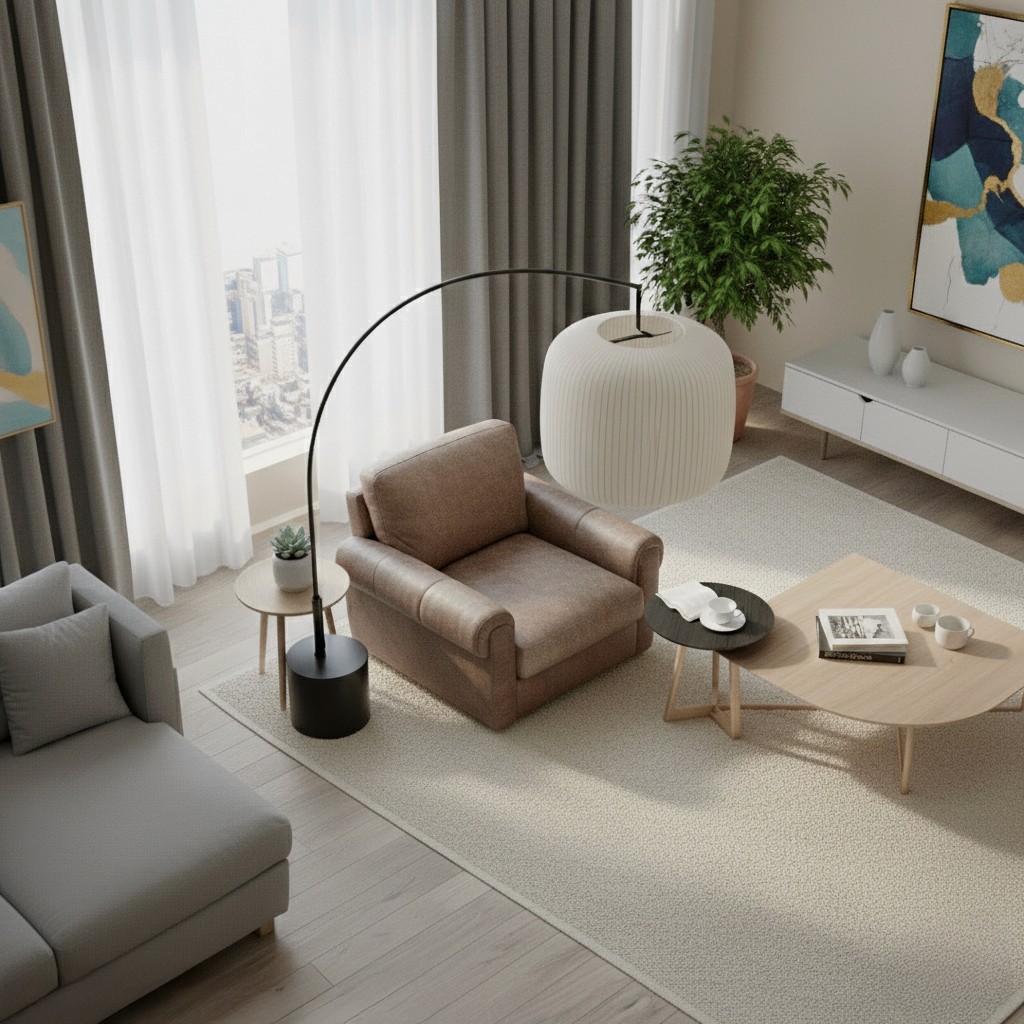 An overhead bird's-eye view of a sunlit living room. The black arched lamp curves from behind a side table to hang directly over a central brown armchair.
