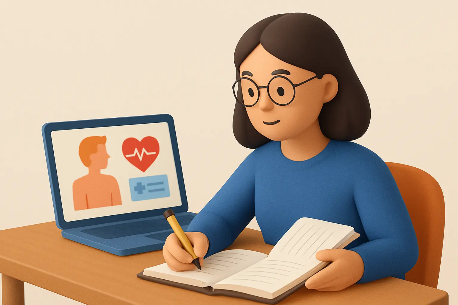 Illustration: Medizinstudentin sitzt vor ihrem Laptop