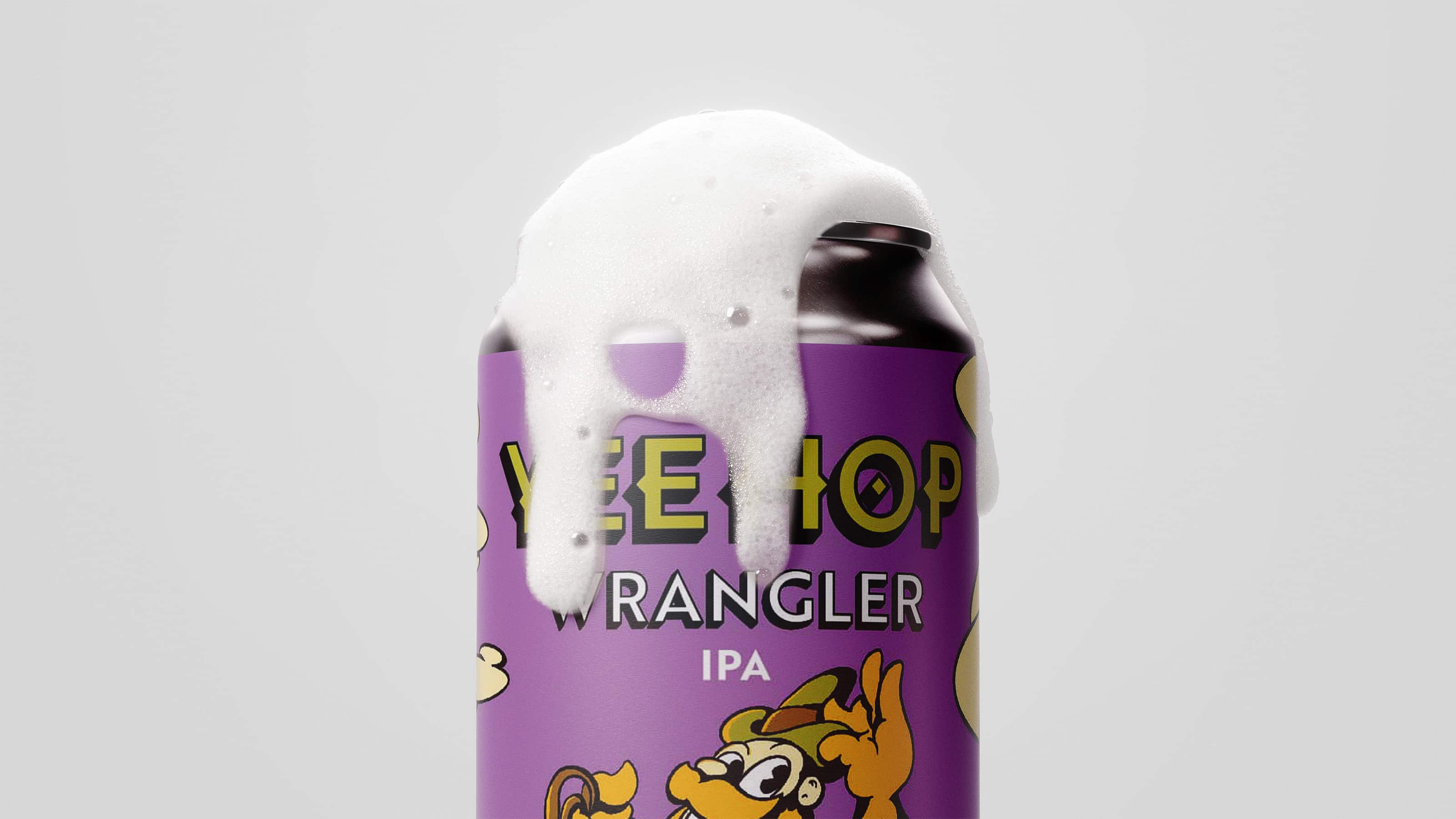 Yeehop IPA can Wrangler, purple can with western cartoon character