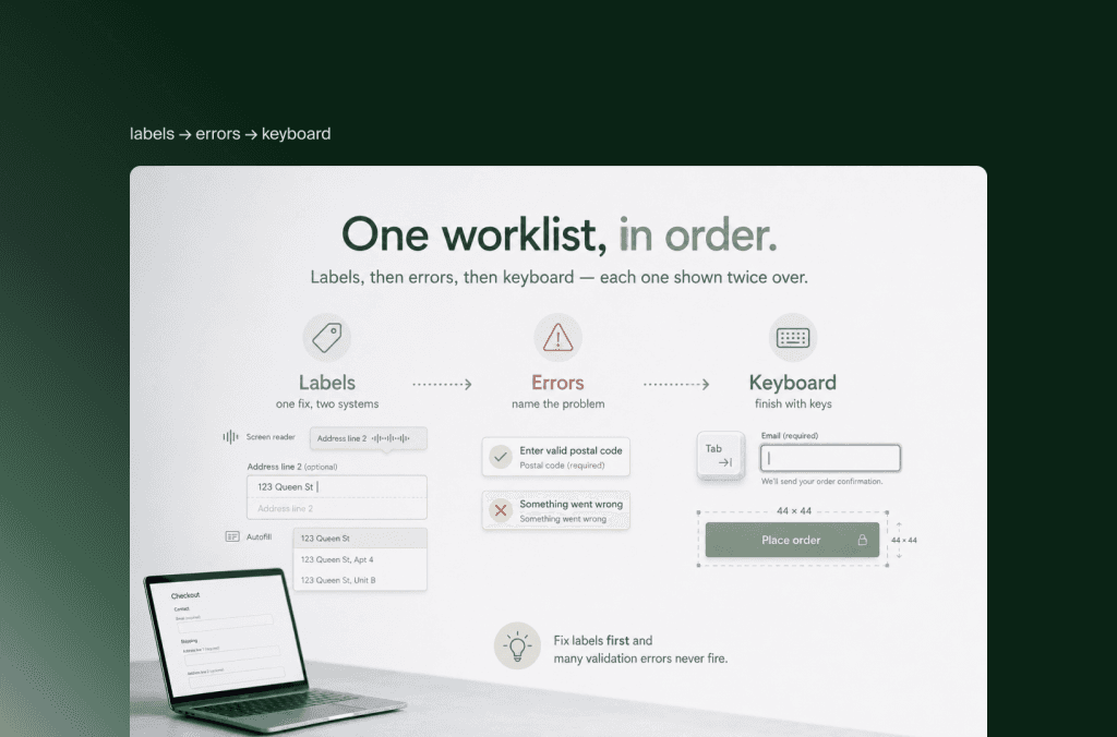 Arbeitsliste für barrierefreien Checkout in Reihenfolge: Feldbeschriftungen, dann Fehlermeldungen, dann Tastaturbedienung