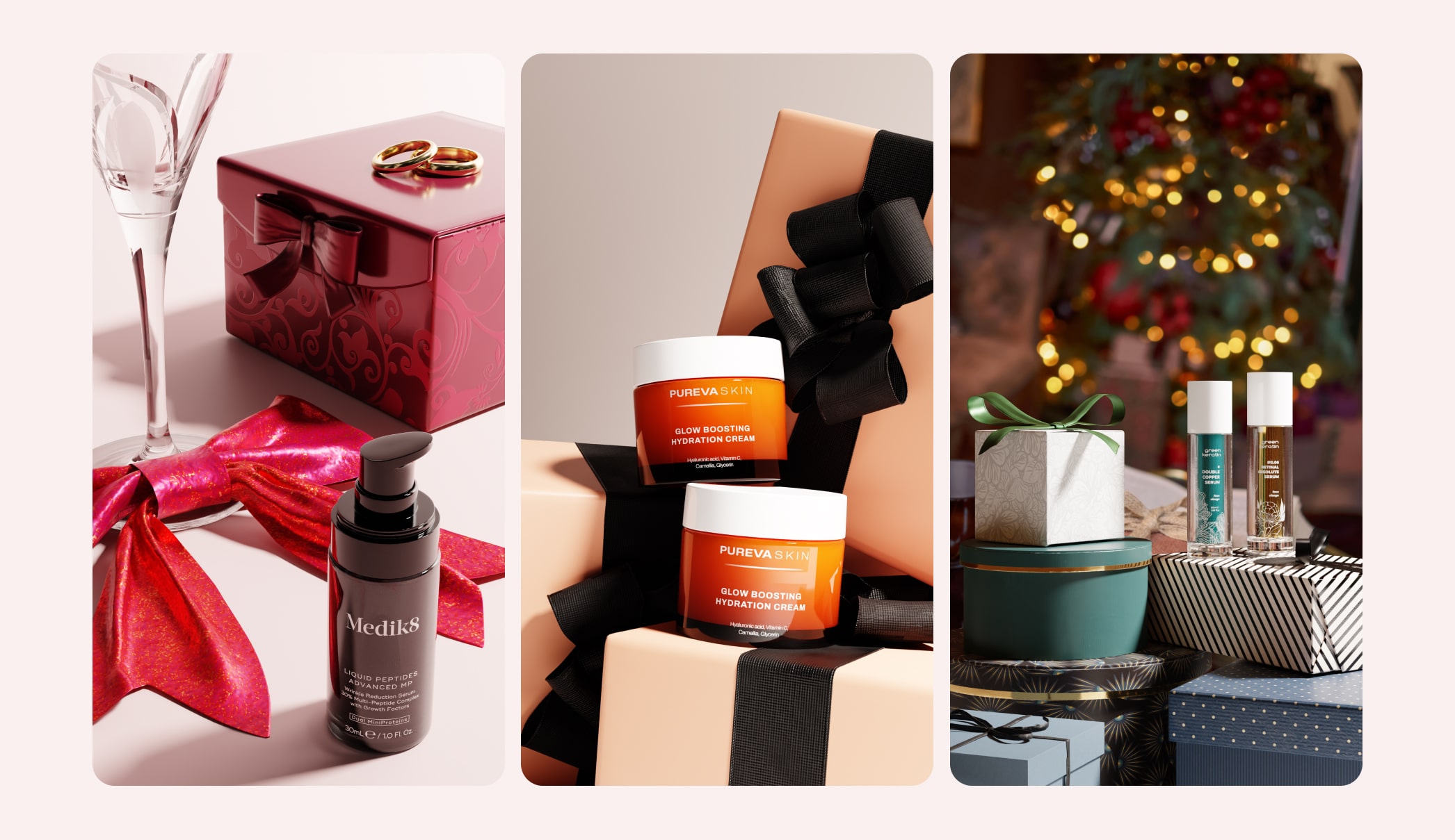 Digital Twin-based product photography of cosmetics products in seasonal settings: Valentine's day, Black Friday, Christmas.