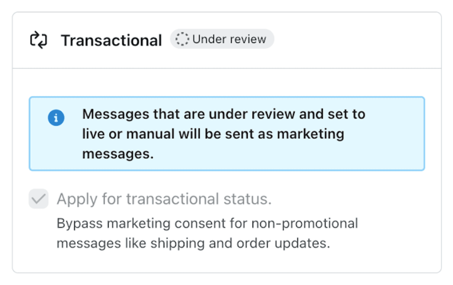 waiting for transactional.png – A Klaviyo notification stating that transactional email status is under review.