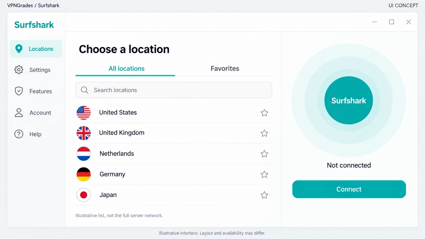 Surfshark: a location picker concept (illustration).