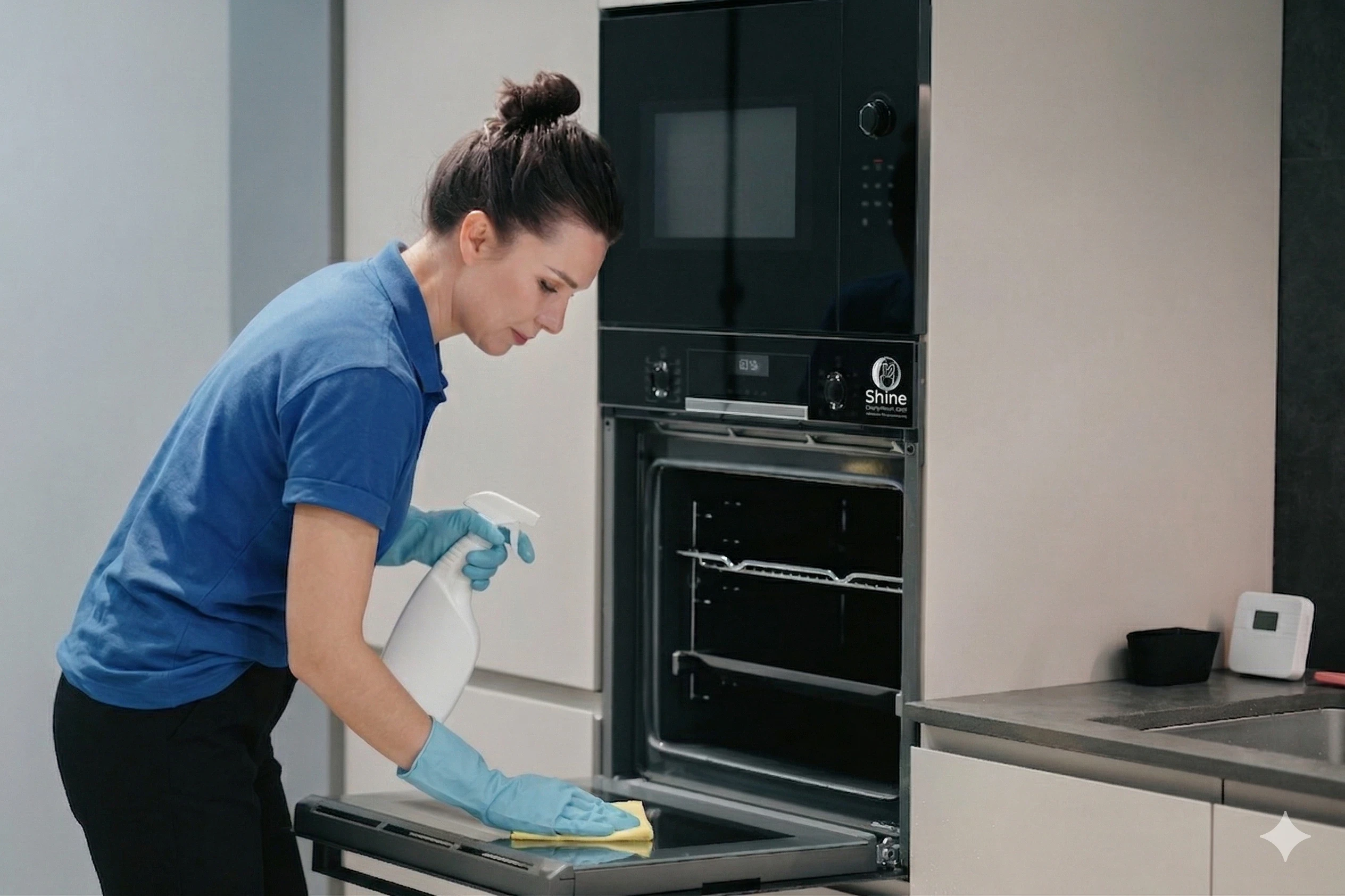 Shine Services cleaner cleaning a kitchen oven