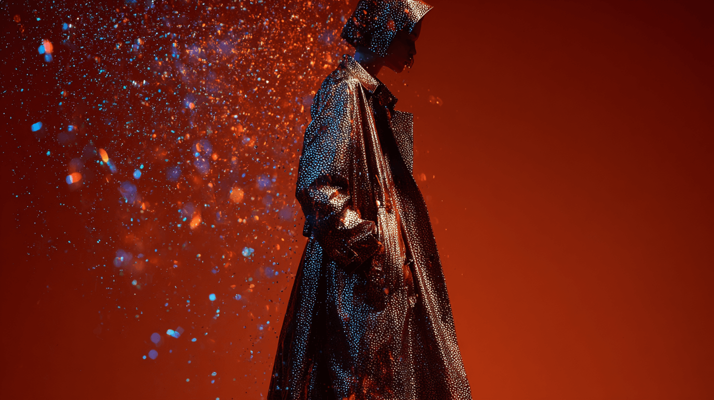 A woman wearing a futuristic helmet illuminated with neon blue and orange lights.