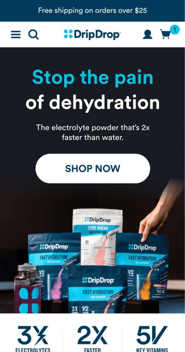 Mobile homepage for DripDrop promoting hydration products and bundle packs