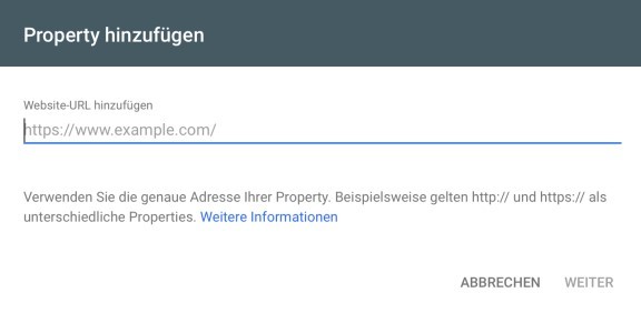 Geben Sie die Webseiten-URL ein, um eine neue Property in der Google Search Console hinzuzufügen.