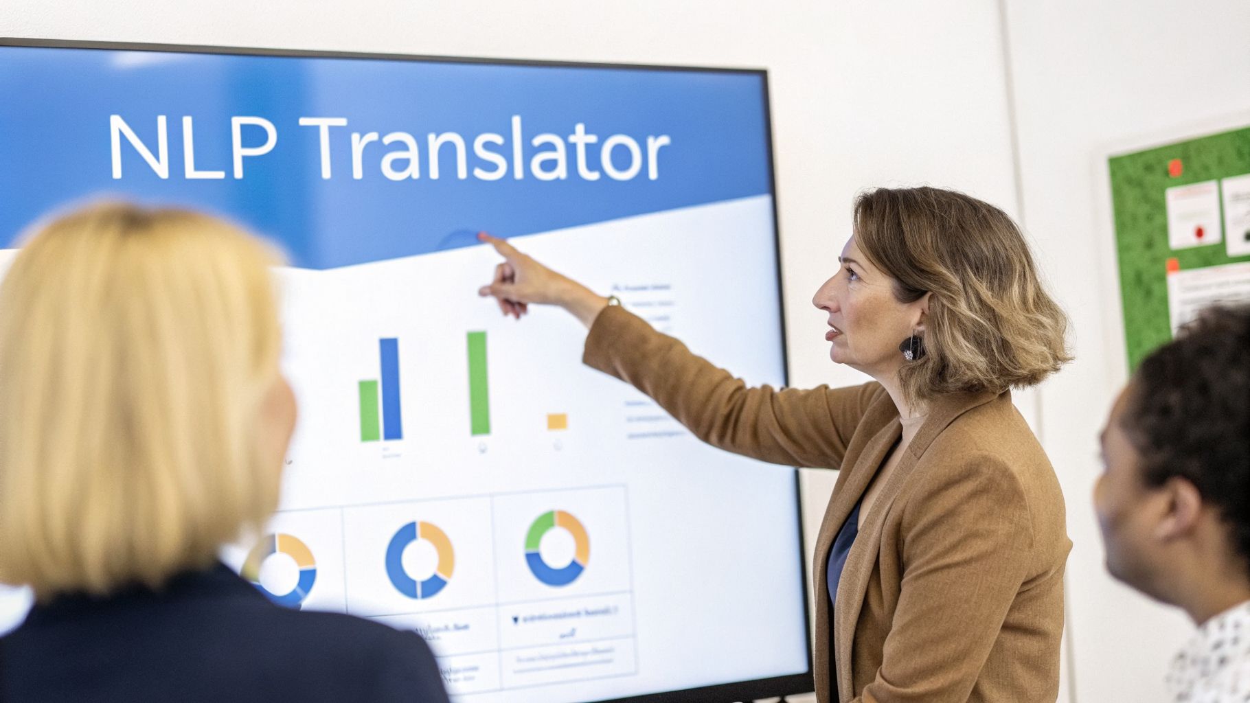A speaker points to a screen showing an 'NLP Translator' presentation with data visualizations.