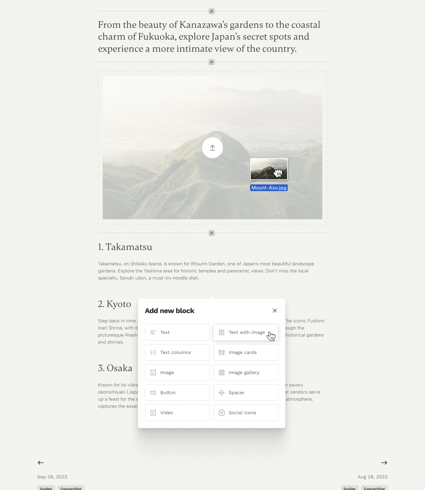 A page editor screenshot, representing how Copyfolio’s intuitive tools let you quickly edit text, images, or sections anytime.