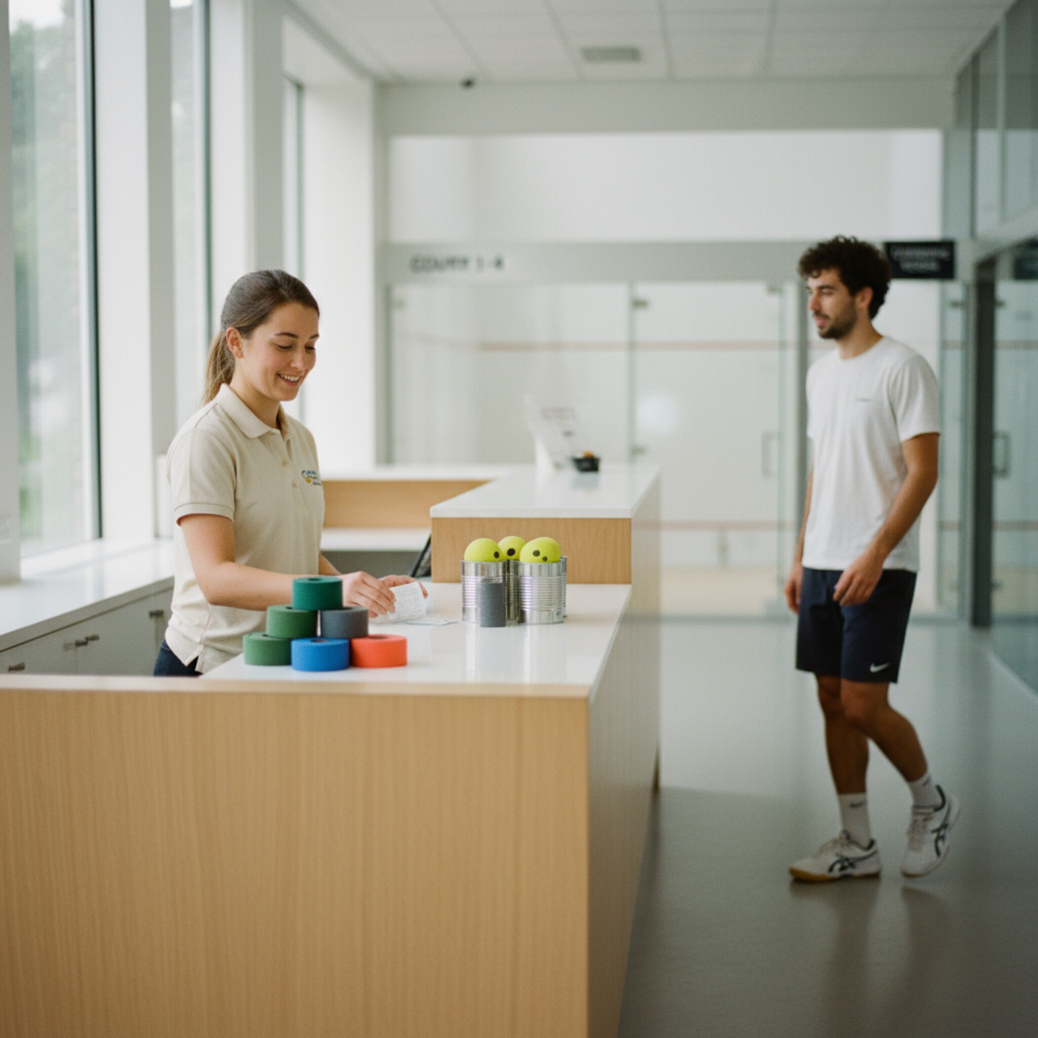 Am Empfangstresen legt eine Mitarbeiterin eine kleine Quittung neben sauber sortierte Griffbänder. Daneben stehen Dosen mit frischen Bällen griffbereit. Der Spieler nickt kurz, dreht sich um und macht sich direkt auf den Weg zum Court, die Abläufe wirken zügig und stimmig.