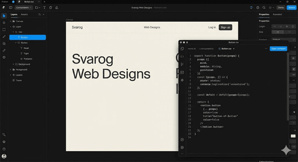 Screenshot of Framer interface with open code "Button.tsx" showing the definition of a button component for