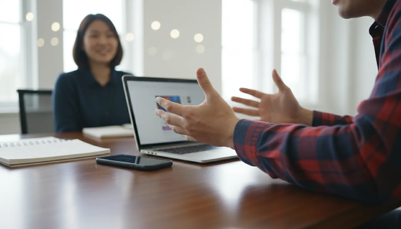 DSLR photograph of a candid business meeting, close-up, low-angle shot focusing on a man's expressive hands gesturing over a dark wood grain conference table. The man wears a red and blue plaid flannel shirt. In the mid-ground, an open silver laptop displays a colorful but blurred user interface on its screen, next to a notebook and smartphone. An Asian woman is seated in the softly blurred background. The scene is illuminated by bright, diffused indoor lighting, creating a shallow depth of field with a strong bokeh effect.